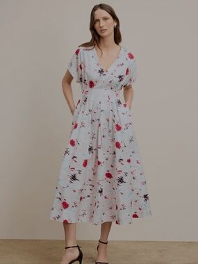 MM.LaFleur White Midi Dress with Pink Floral Print